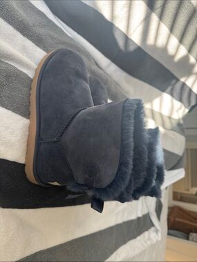 UGG Navy Suede Shearling Booties with Bow Detail